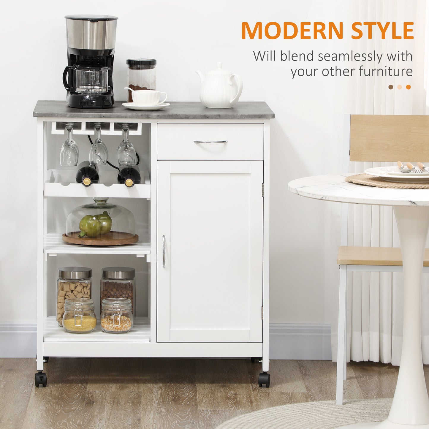Rolling Kitchen Cart, Bar Cart on Wheels with Wine Rack, Drawer, Open Shelves, Cabinet and Faux Marble Top, Kitchen Isla