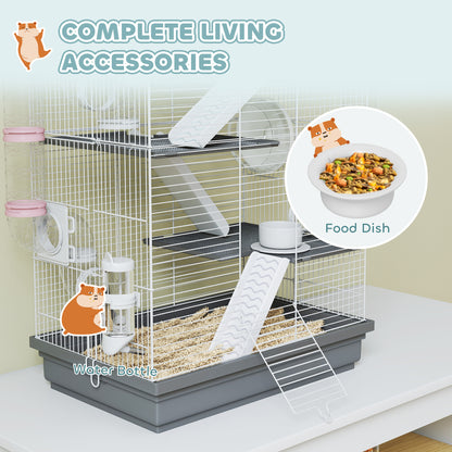 4-Level Large Hamster Cage with DIY Tubes, Water Bottle, Food Dish, Hut, Exercise Wheels, Grey