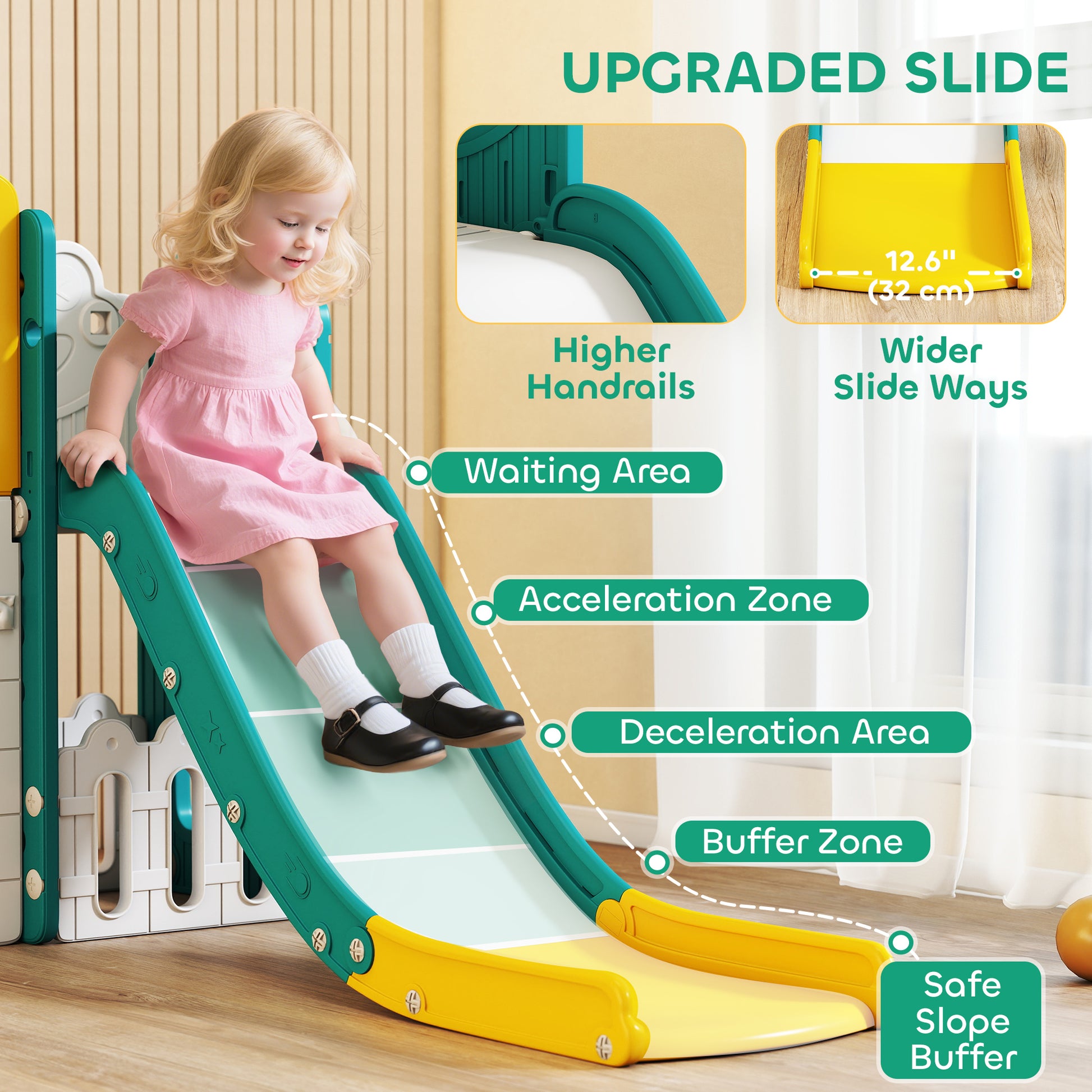 Qaba 7 in 1 Toddler Slide with Basketball Hoop, Climbing Frame, Telescope, Drawing Board, Storage Box for Ages 1-3, Yell
