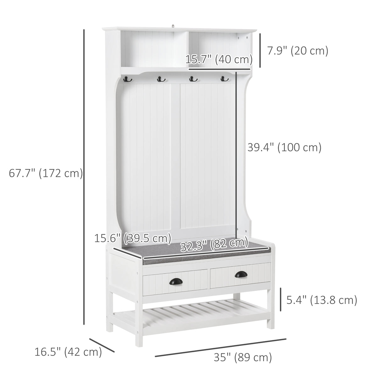 Coat Rack Shoe Bench, Hall Tree with Bench and Shoe Storage, Entryway Bench with 4 Hooks, 2 Drawers, 2 Shelves, White