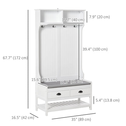 Coat Rack Shoe Bench, Hall Tree with Bench and Shoe Storage, Entryway Bench with 4 Hooks, 2 Drawers, 2 Shelves, White