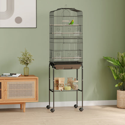 62" Rolling Bird Cage Cockatoo House Play Top Finch Pet Supply with Storage Shelf, Wheels - Black
