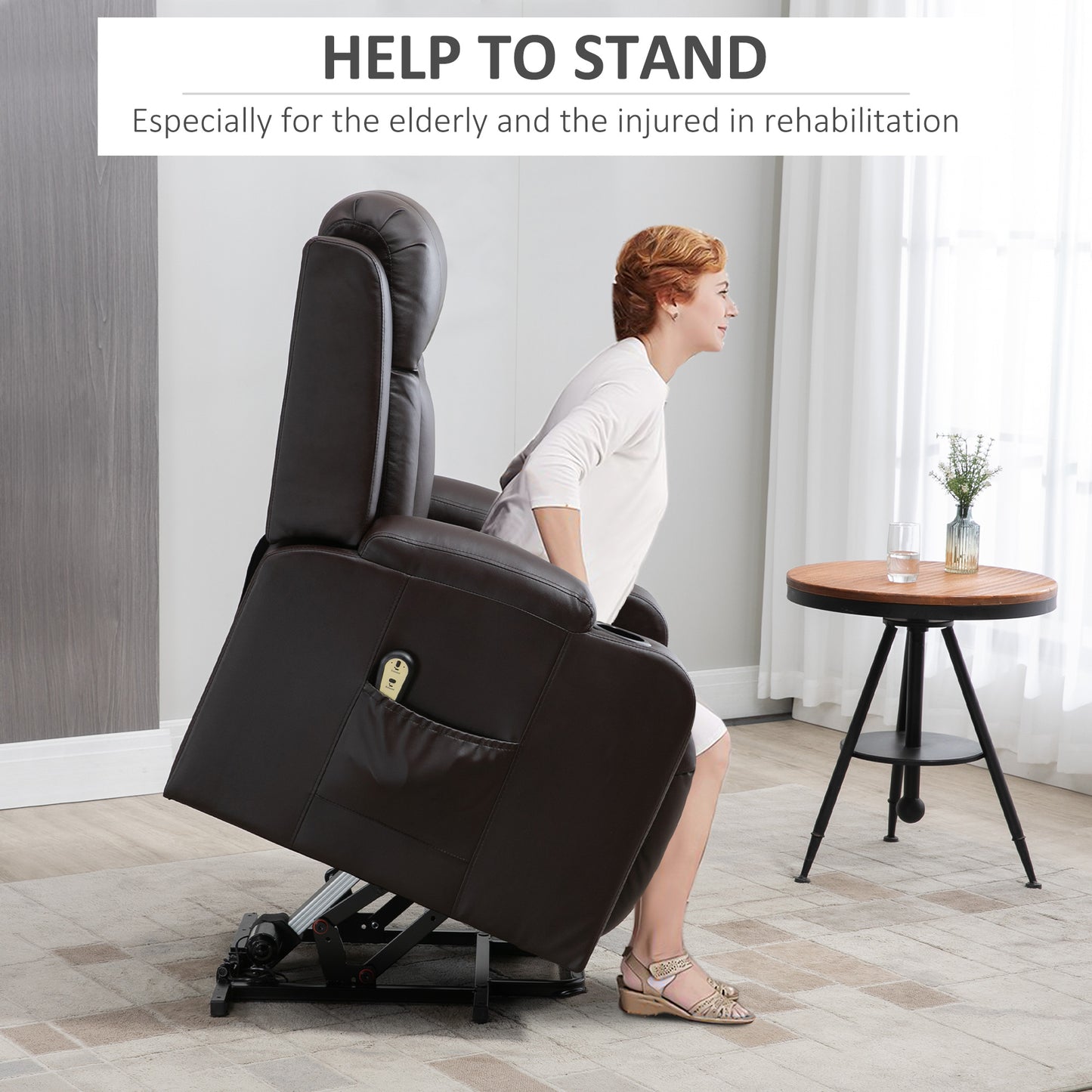 Electric Power Lift Chair, PU Leather Recliner Sofa with Footrest, Remote Control and Cup Holders, Brown