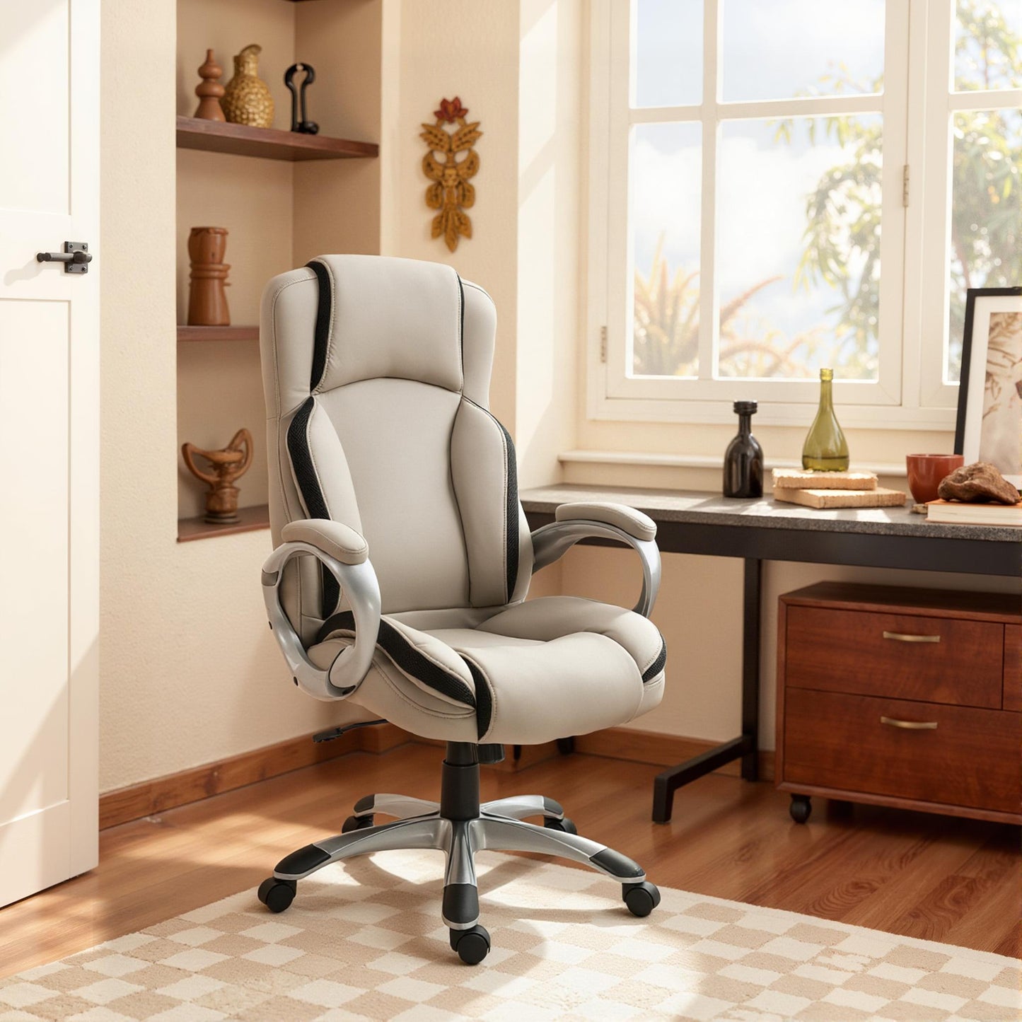 Ergonomic Office Chair PU Leather Executive on Rolling Wheels Task Computer Height Adjustable Swivel Ergonomic, Greige a