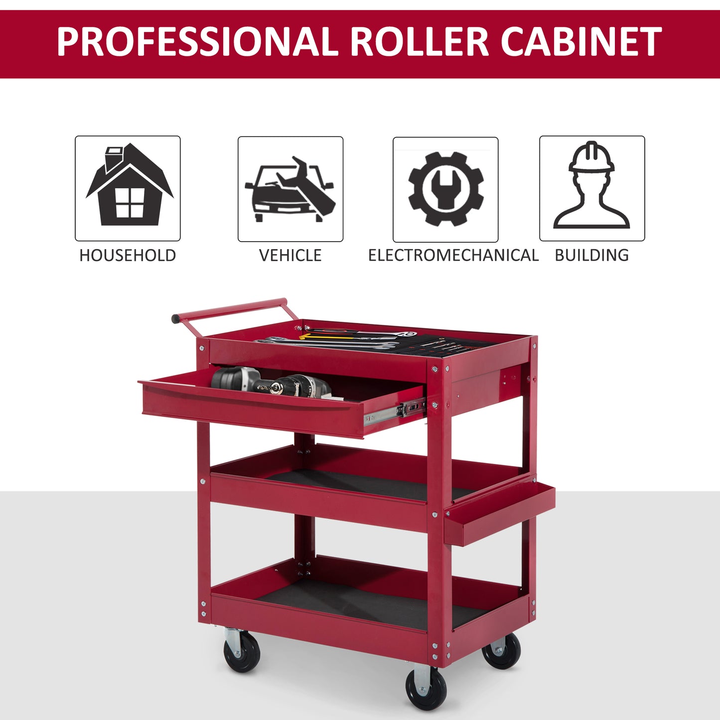 3-Tier Rolling Tool Cart with Drawer and Side Box, 132 LBS Capacity Steel Utility Cart, Mobile Service Tool Organizer fo