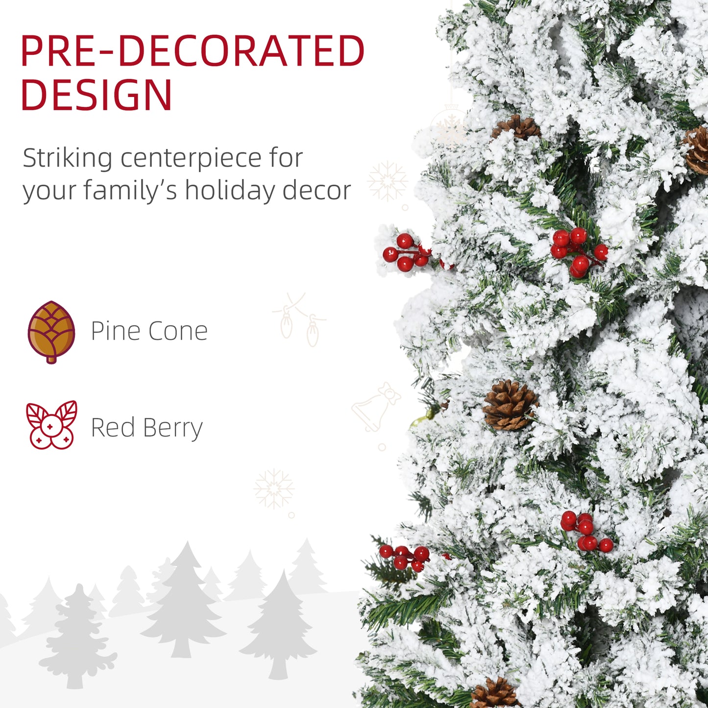 7.5 Foot Pencil Snow Flocked Artificial Christmas Tree with 950 Pine Realistic Branches, Pine Cones, Red Berries, Auto O