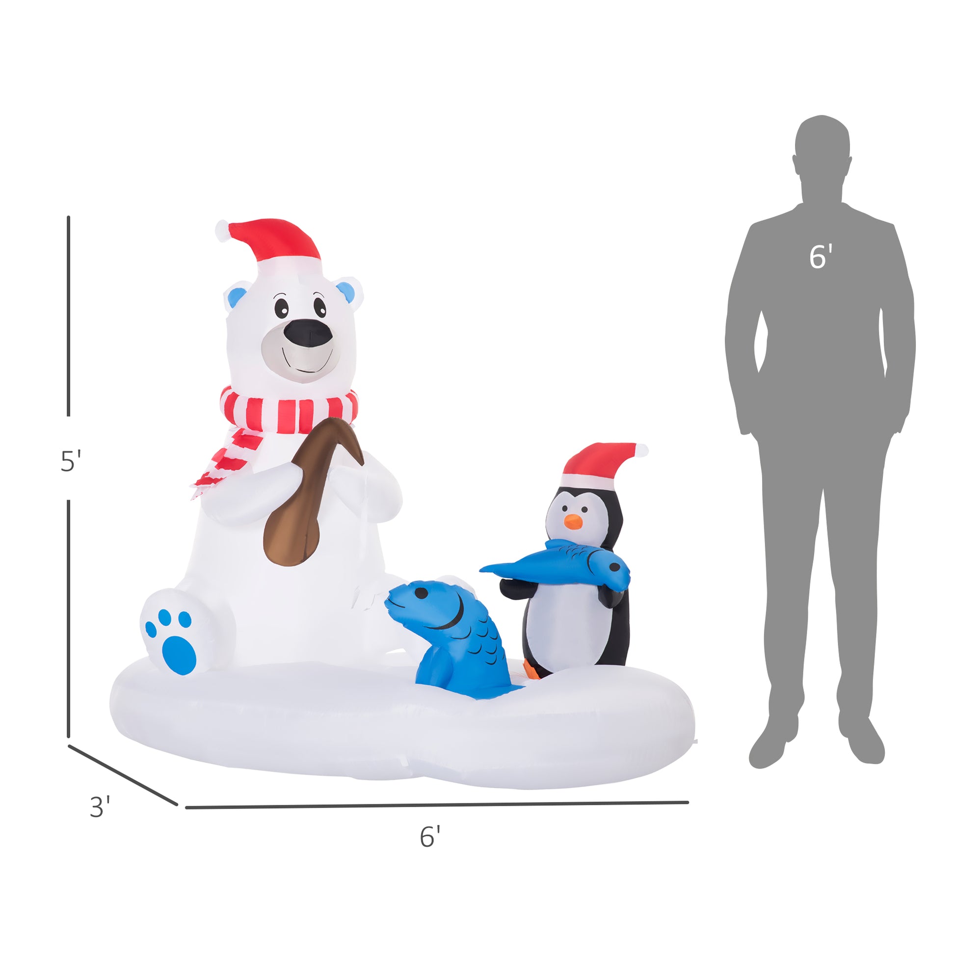 6ft Christmas Inflatable Polar Bear and Penguin with Santa's Hat Fishing on Board, Blow-Up Outdoor LED Yard Display for 