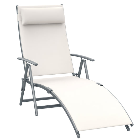 Outdoor Folding Chaise Lounge Chair Steel Portable Recliner with 7 Adjustable Backrest Positions, Cream White