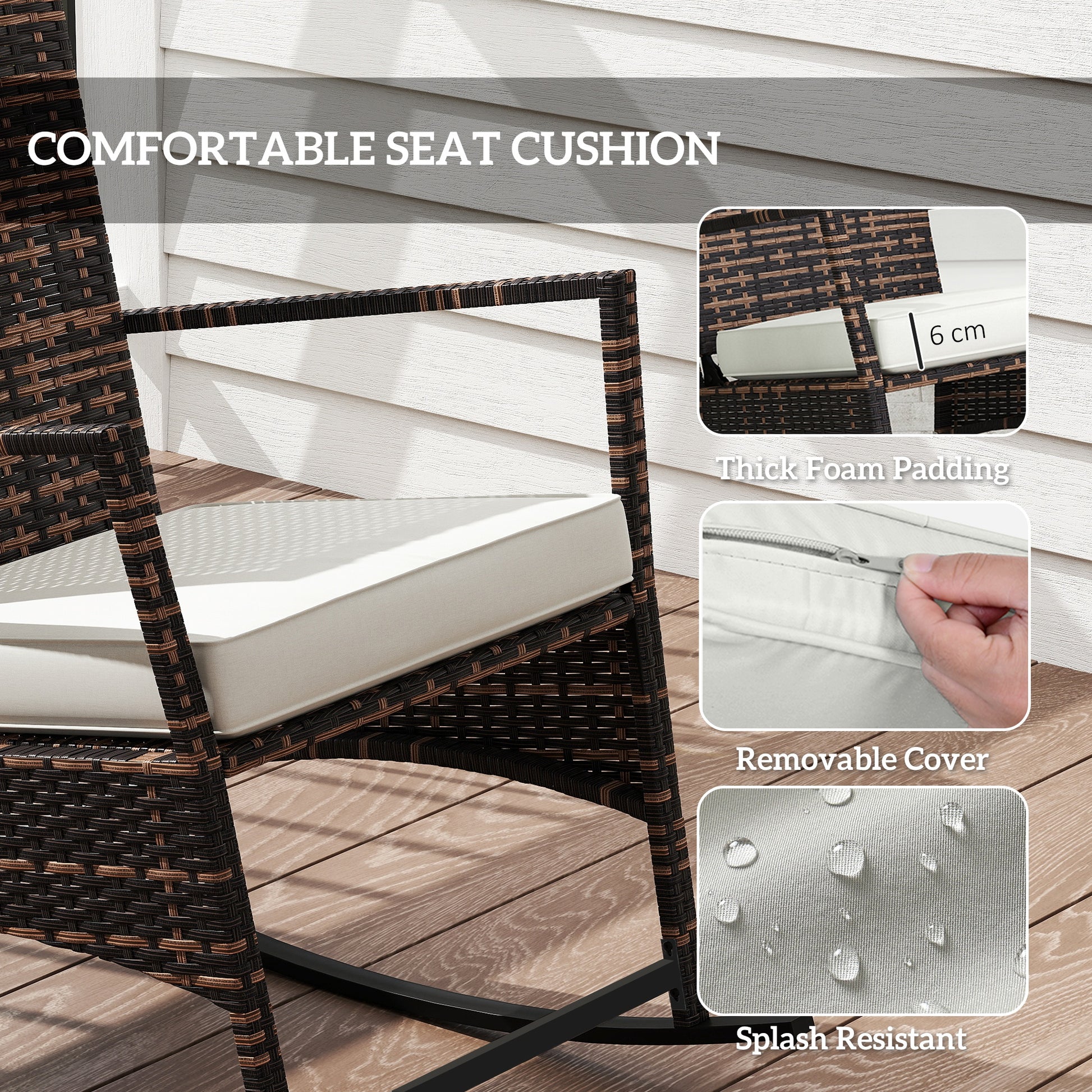 3 Piece Rocking Bistro Set, Wicker Patio Furniture with 3-Level Reclining High Back Rocking Chair and Glass Table, White