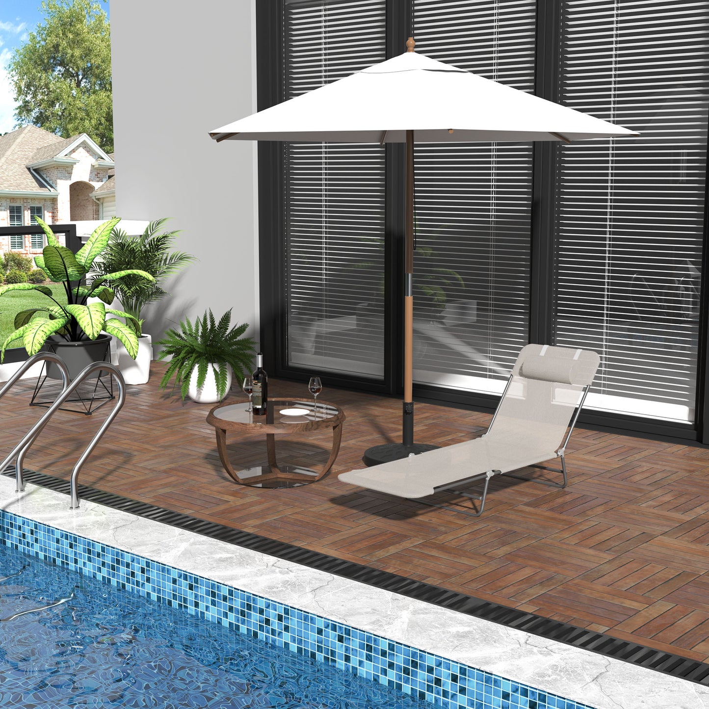 Outdoor Lounge Chair, Portable Adjustable Reclining Seat Folding Chaise Lounge Patio Camping Beach Tanning Chair Bed wit