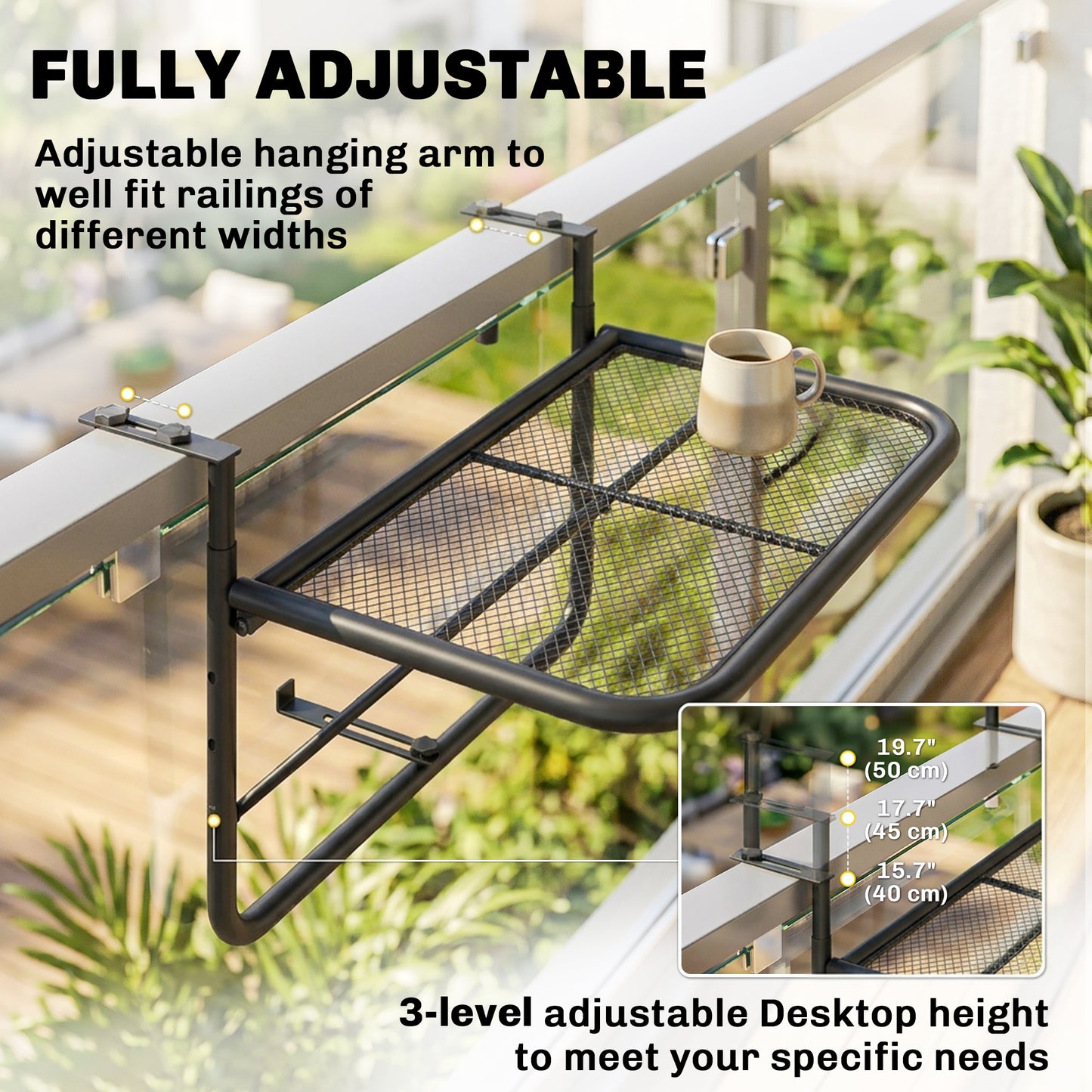 Adjustable Balcony Hanging Railing Table, Metal Mounting Mini Wall Desk Storage Rack, Outdoor Flower Stand Serving Table