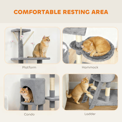 53" Cat Tree Tower, Kitten Activity Centre with Scratching Posts, Condo, Perches, Ladder, Hammock, Dangling Toys, Grey