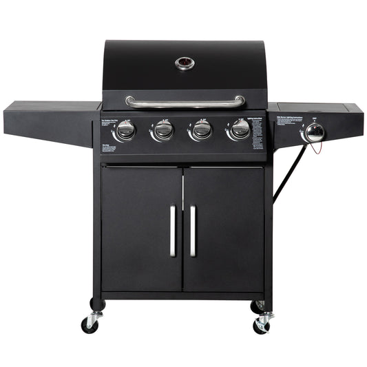 4+1 Burner Liquid Propane Gas Grill Outdoor Cabinet Style BBQ Trolley w/ Side Burner, Warming Rack, Side Shelf, Storage 
