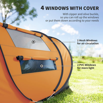 4 Person Camping Tent, Easy Pop Up Tent with Doors, Windows and Carry Bag, Automatic Setup Tent for Hiking, Orange