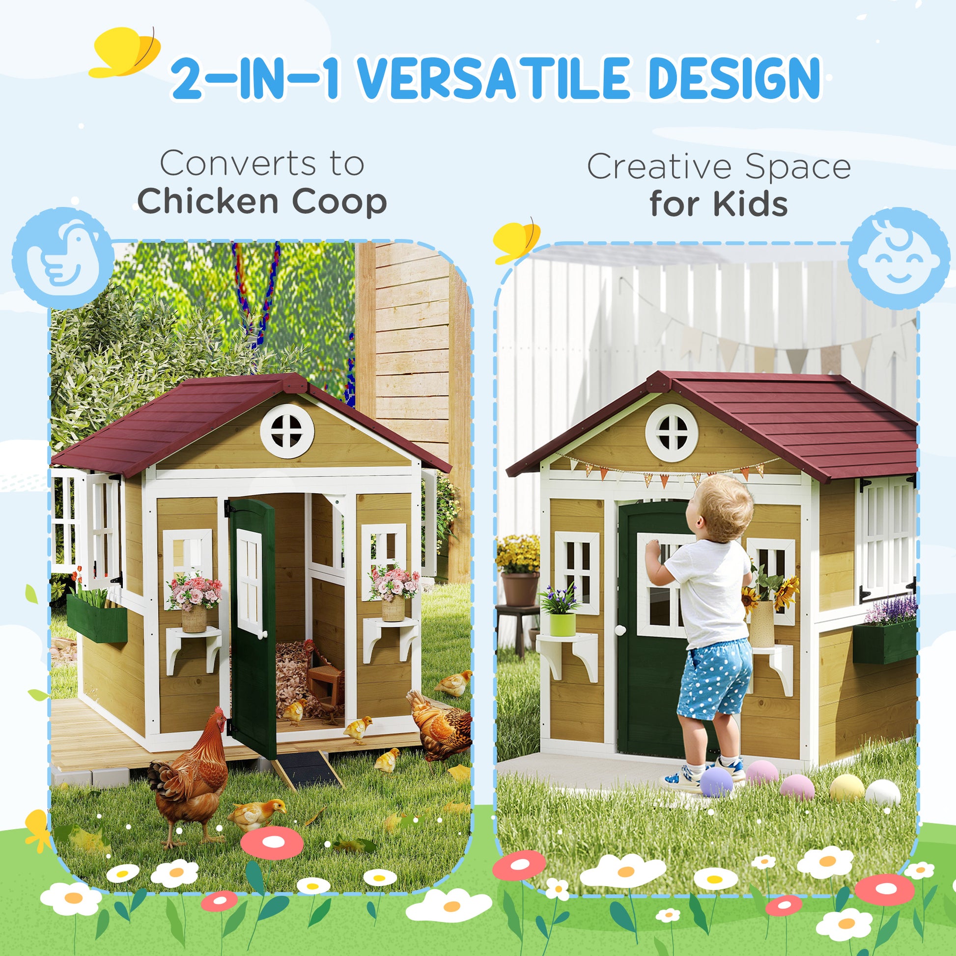 Kids Wooden Outdoor Playhouse for Toddlers aged 3–8, featuring Door, Windows, Planter Pots and Boxes, Garden Cottage Sty
