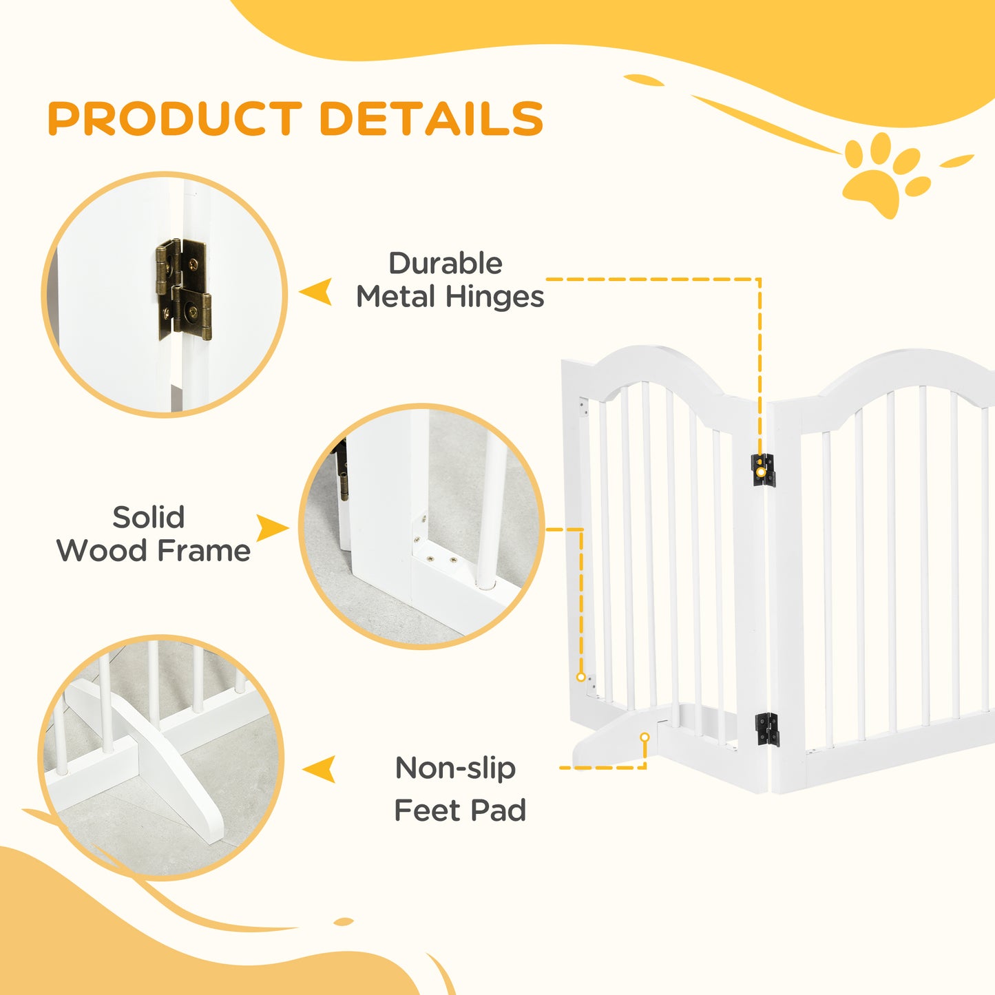 24"H Foldable Dog Gate, 3 Panels Freestanding Pet Gate Barriers Indoor with Support Feet, Puppy Fence for Small Dogs, Wh