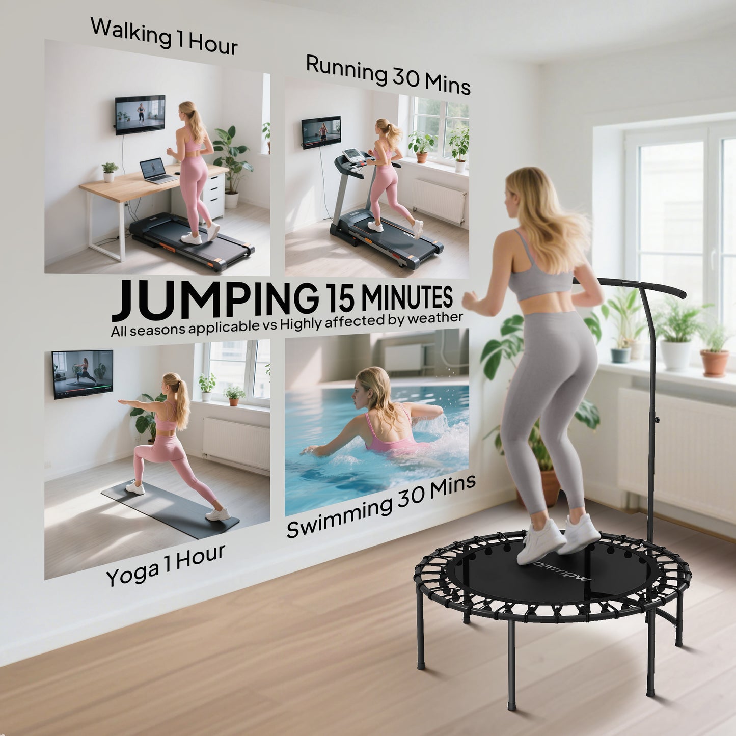 Soozier 40" Foldable Rebounder Trampoline ,Mini Trampoline Indoor with Adjustable Handle, Quiet and Safe Bungee Rebounde