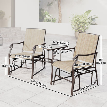 Double Patio Glider Chair with Glass Top Center Table, Outdoor Glider Loveseat with High Back,  All Weather Breathable M