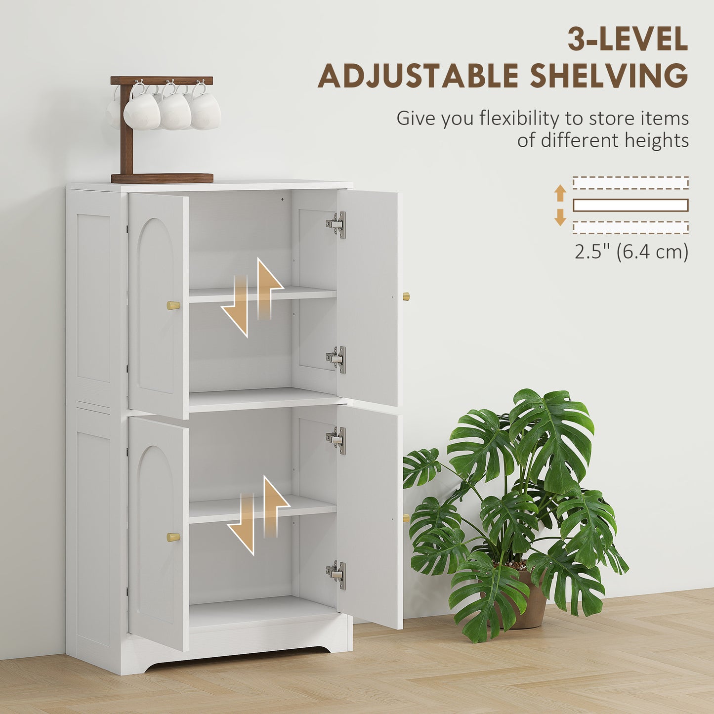 43" Kitchen Pantry Cabinet, Freestanding Modern Storage Cabinet with 4 Arched Doors and 2 Adjustable Shelves, White