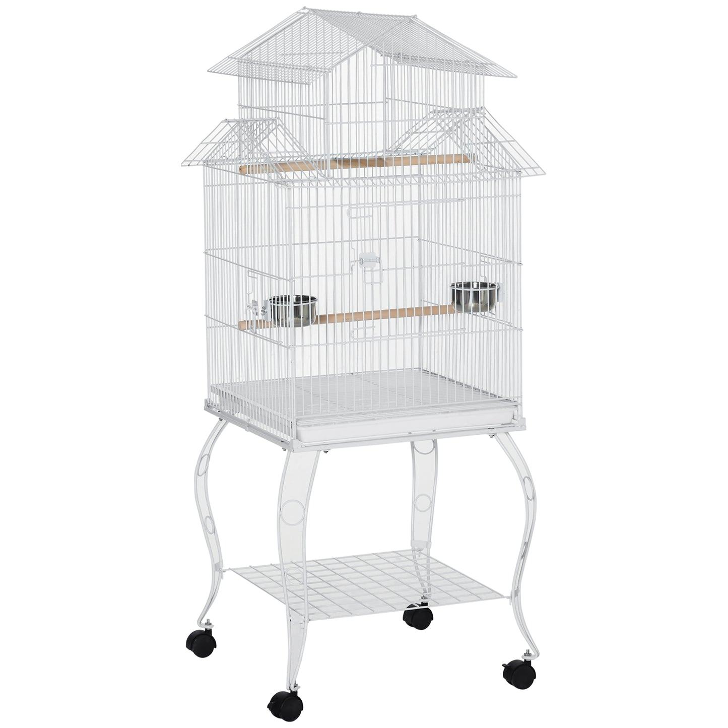 53.9'' Large Rolling Steel Bird Cage Bird House with Detachable Rolling Stand, Storage Shelf, Wood Perch, Food Container