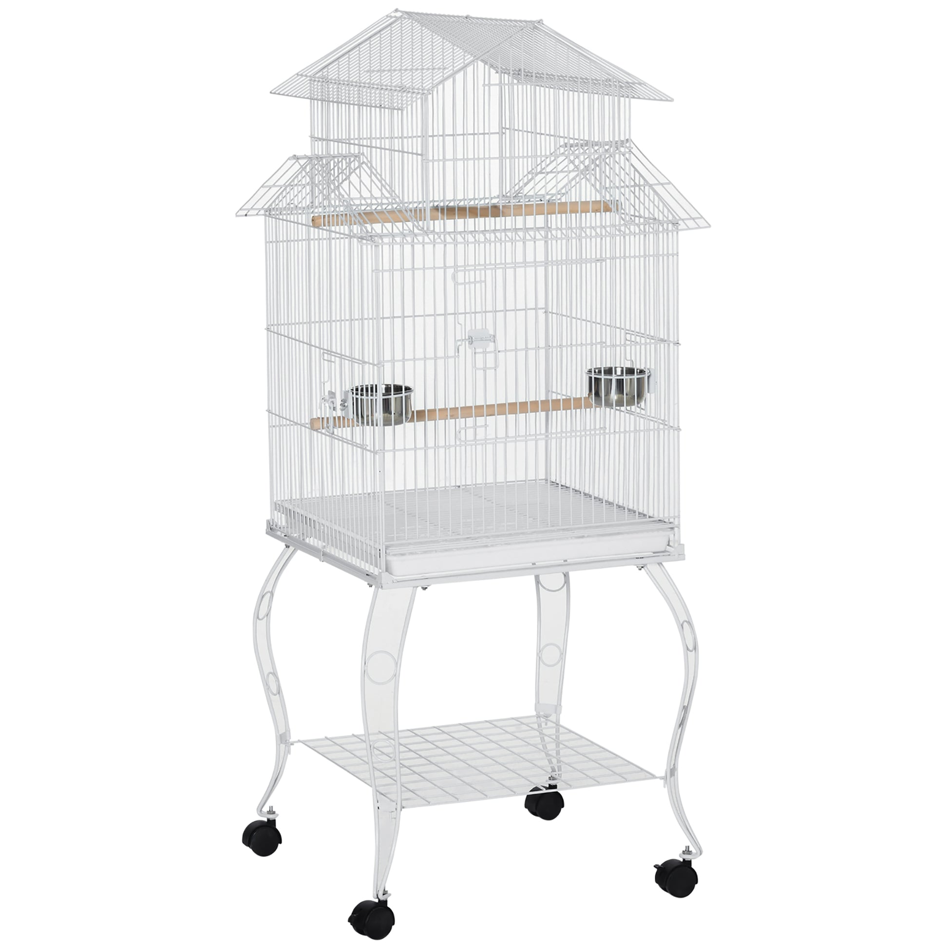 53.9'' Large Rolling Steel Bird Cage Bird House with Detachable Rolling Stand, Storage Shelf, Wood Perch, Food Container