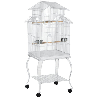 53.9'' Large Rolling Steel Bird Cage Bird House with Detachable Rolling Stand, Storage Shelf, Wood Perch, Food Container