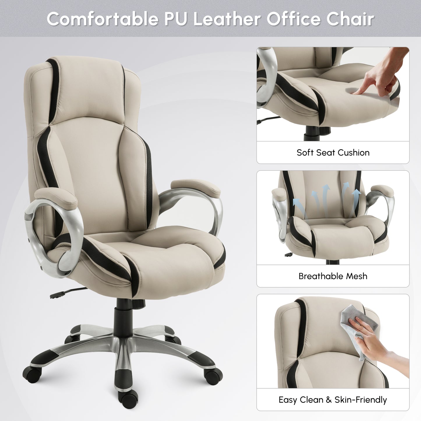 Ergonomic Office Chair PU Leather Executive on Rolling Wheels Task Computer Height Adjustable Swivel Ergonomic, Greige a