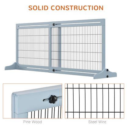 41"-71" Wooden Freestanding Pet Gate with Support Feet, for Small Medium Dogs, Grey-Blue