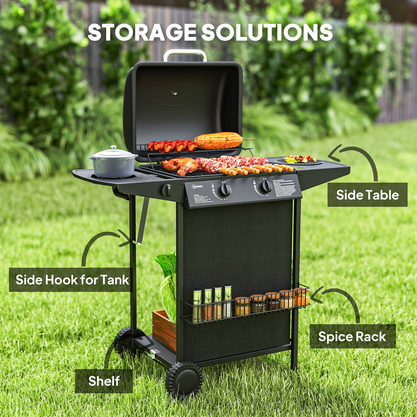 2+1 Burner Propane Gas BBQ Grill, Portable Gas Barbecue Grill with Side Burner, Thermometer, Lid, Side Table, Shelf, Spi
