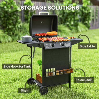 2+1 Burner Propane Gas BBQ Grill, Portable Gas Barbecue Grill with Side Burner, Thermometer, Lid, Side Table, Shelf, Spi