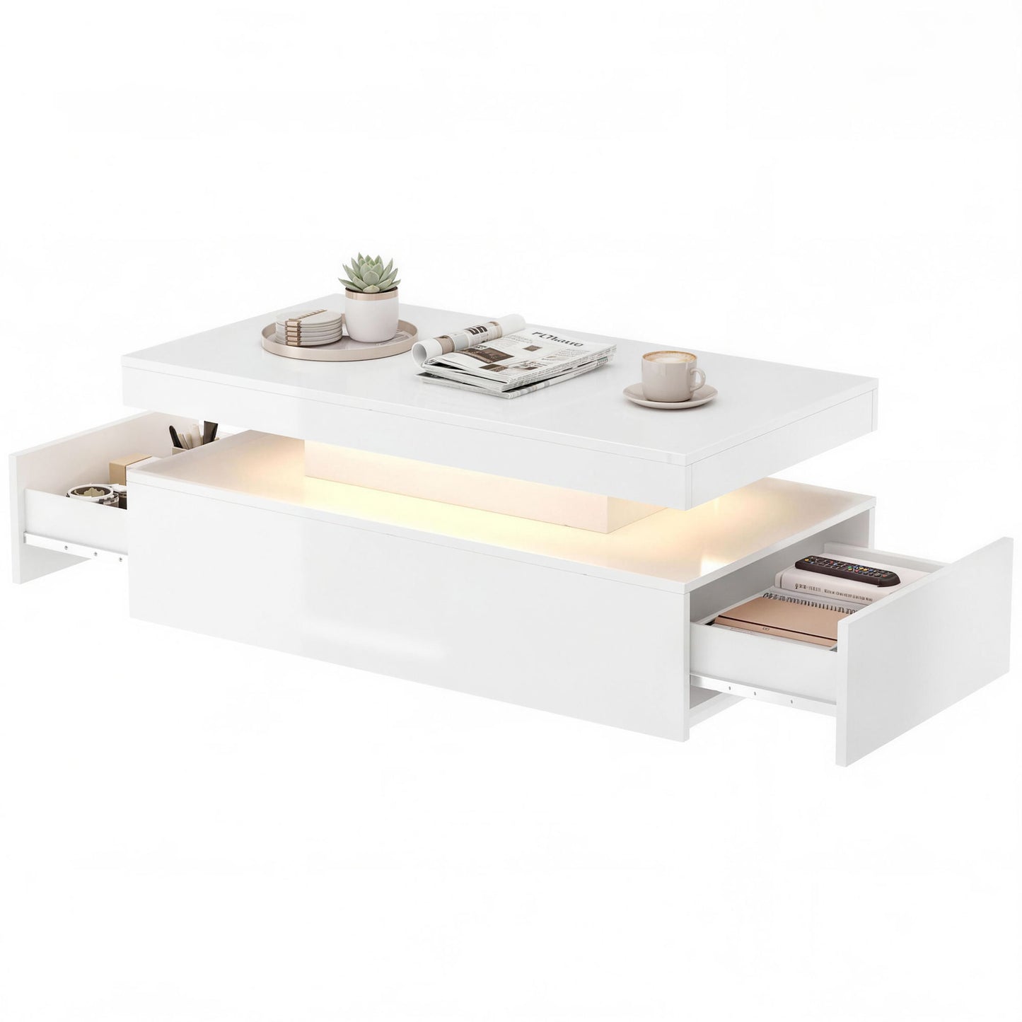 LED Coffee Table with Storage, 2-Tier Modern Center Table with 2 Drawers for Living Room, High Gloss White