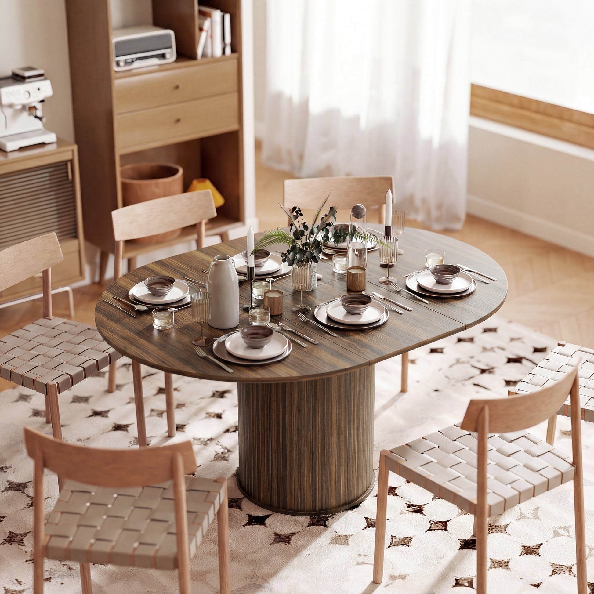 Extendable Kitchen Table for 6-8, 43.5"-59" Farmhouse Dining Table with Pedestal Base Walnut Wood Grain