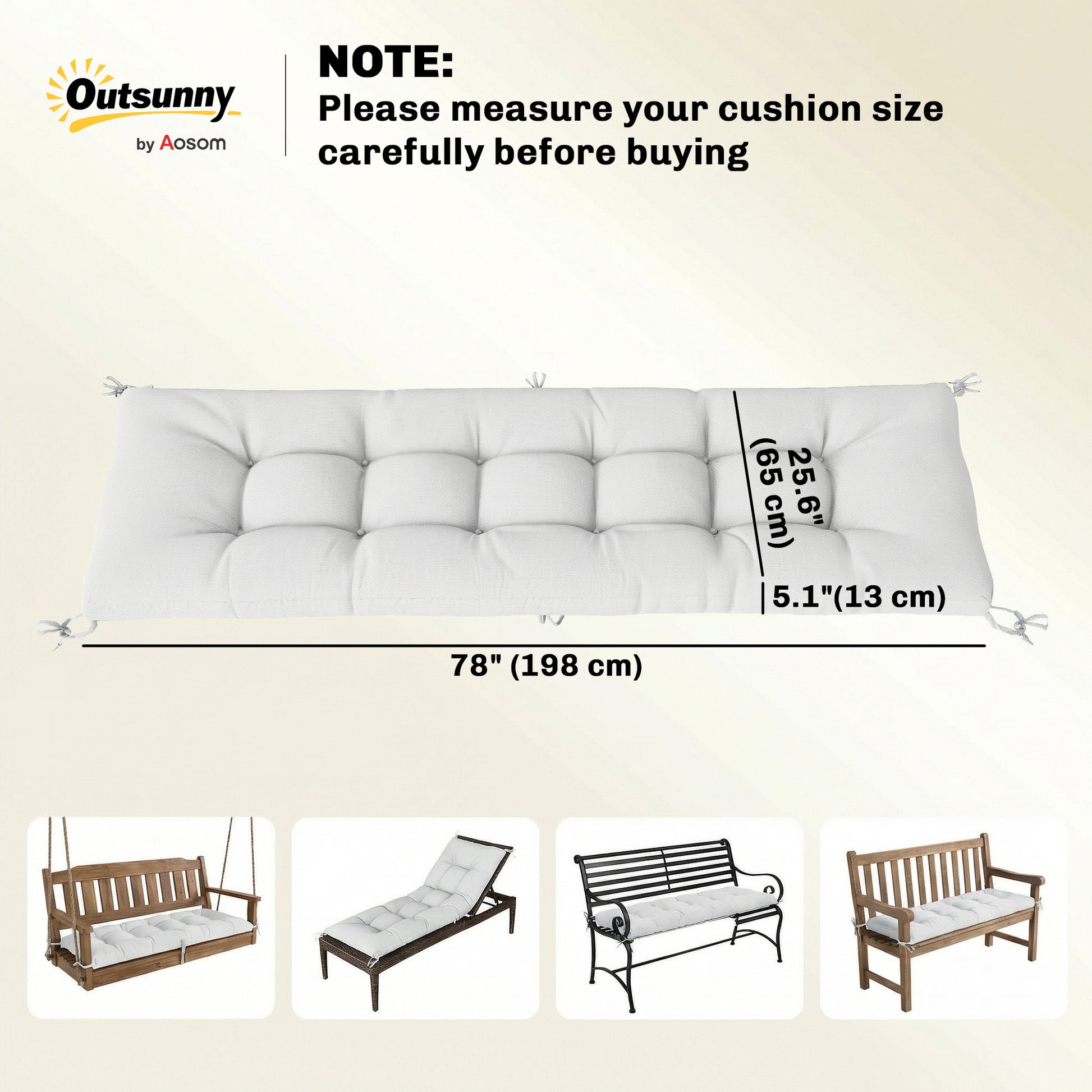 Patio Lounge Chair Cushion, UV50+ Chaise Lounge Chair Cushion with Securing Straps for Patio, 78 x 25.6 inch, Cream Whit
