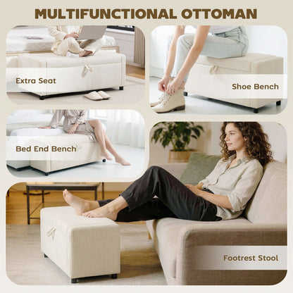 Storage Ottoman, Upholstered Corduroy End of Bed Bench with Thick Padding, Storage Bench for Bedroom, Beige