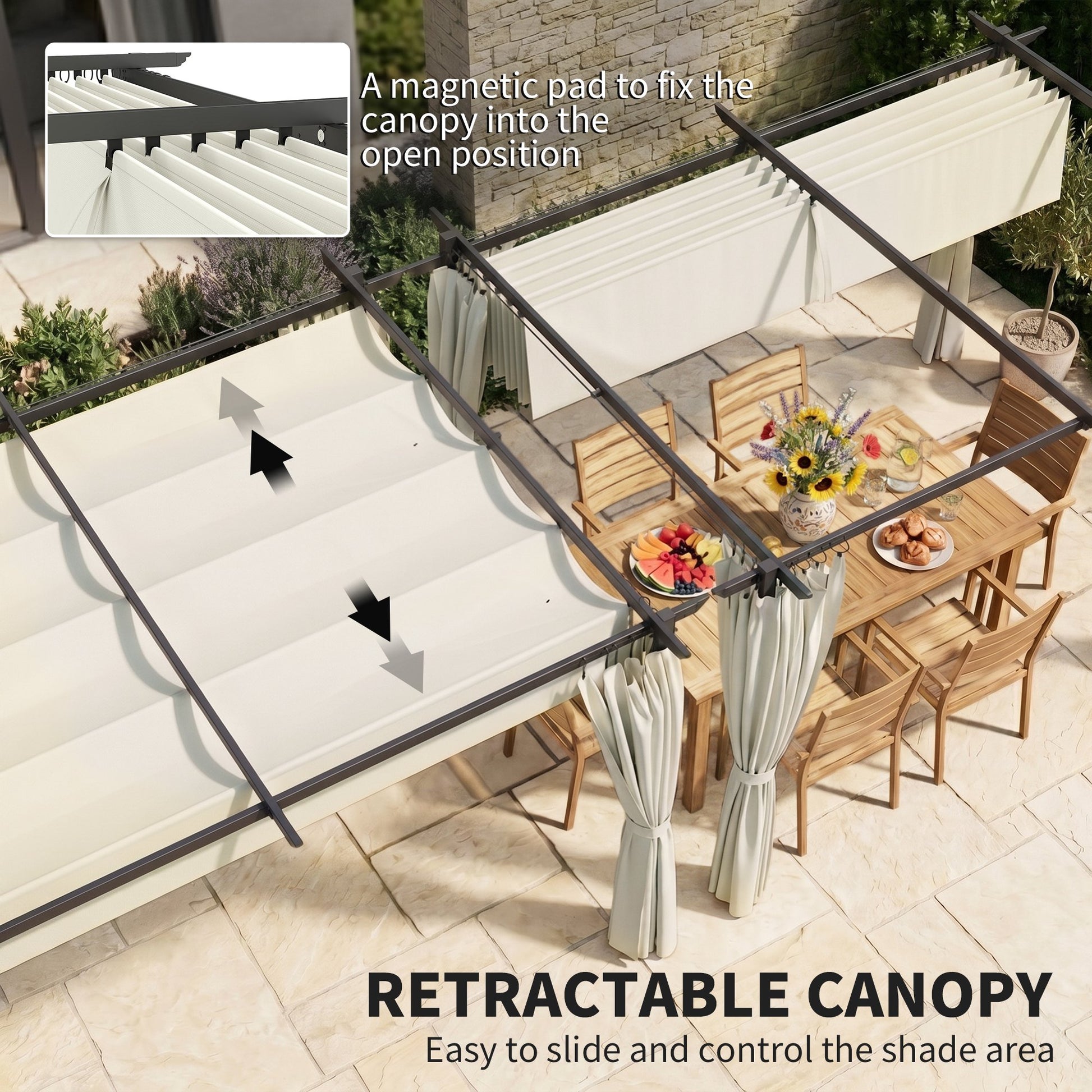 10' x 13' Pergola with Retractable Canopy and Curtains, UPF30+ Sun Shade Shelter for Grill, Garden, Backyard, Deck