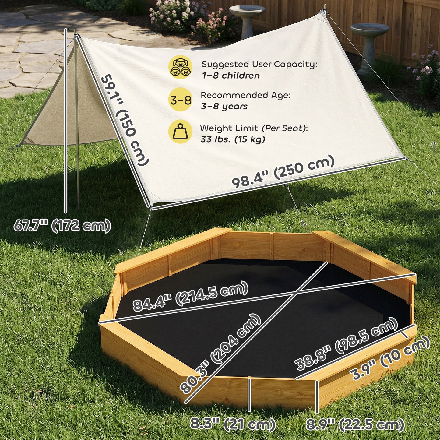 Qaba Wooden Kids Wooden Sandbox with Large Canopy, Outdoor Sand Box with 4 Bench Seats, Bottom Liner for Aged 3-8, Yello