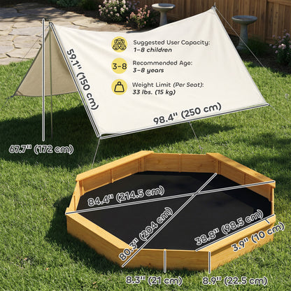 Qaba Wooden Kids Wooden Sandbox with Large Canopy, Outdoor Sand Box with 4 Bench Seats, Bottom Liner for Aged 3-8, Yello