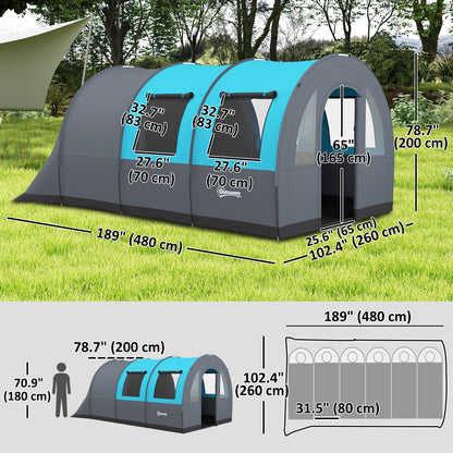 3 Person Camping Tent with Living Room and Bedroom, 3000mm Waterproof Tunnel Large Family Tent, Grey and Blue