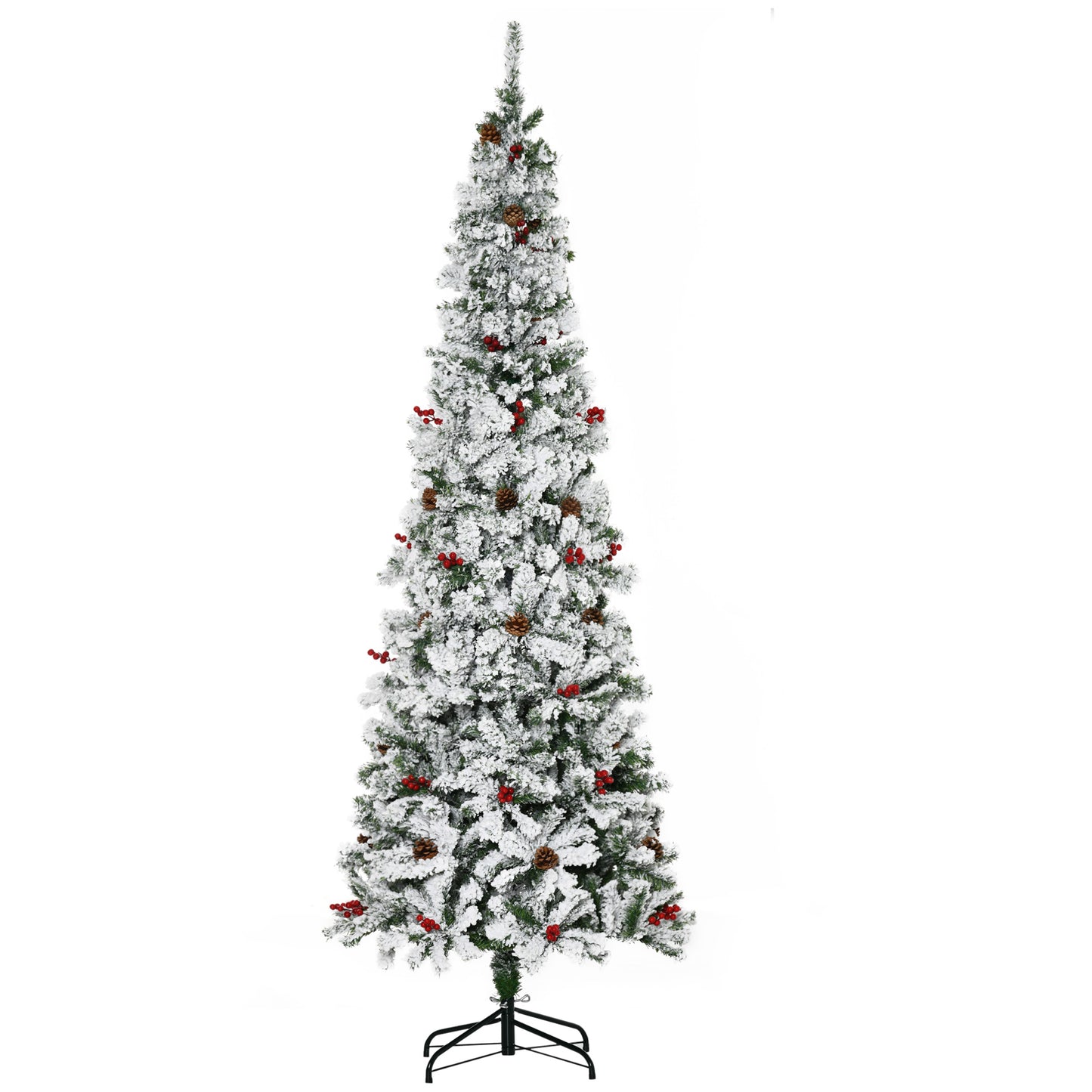 7.5 Foot Pencil Snow Flocked Artificial Christmas Tree with 950 Pine Realistic Branches, Pine Cones, Red Berries, Auto O