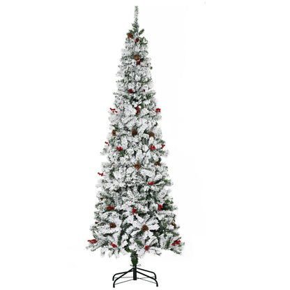 7.5 Foot Pencil Snow Flocked Artificial Christmas Tree with 950 Pine Realistic Branches, Pine Cones, Red Berries, Auto O
