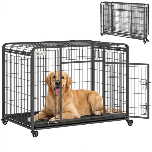 Folding Heavy Duty Dog Crate Heavy Duty Cage for Large Sized Dogs with Double Doors, Lockable Wheels Tray, 43" x 28" x 3
