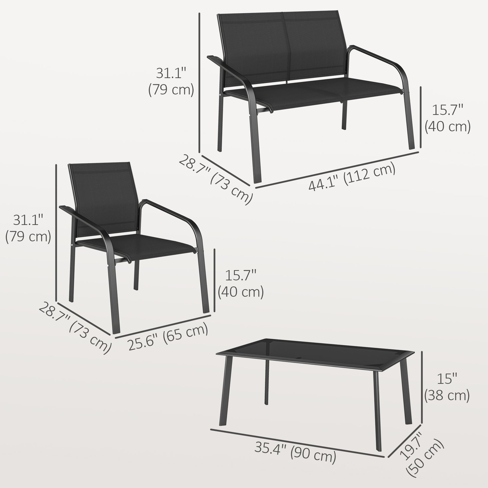 4 Piece Patio Furniture Set, Outdoor Conversation Set with Deep Seat, Loveseats, Armchairs, Glass-Top Table, Black