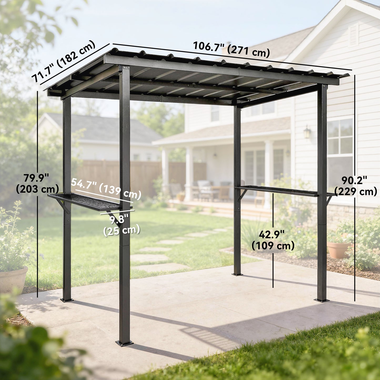 9' x 6' Hardtop Grill Gazebo, BBQ Gazebo with 2 Side Shelves and Galvanized Metal Slope Roof, Black