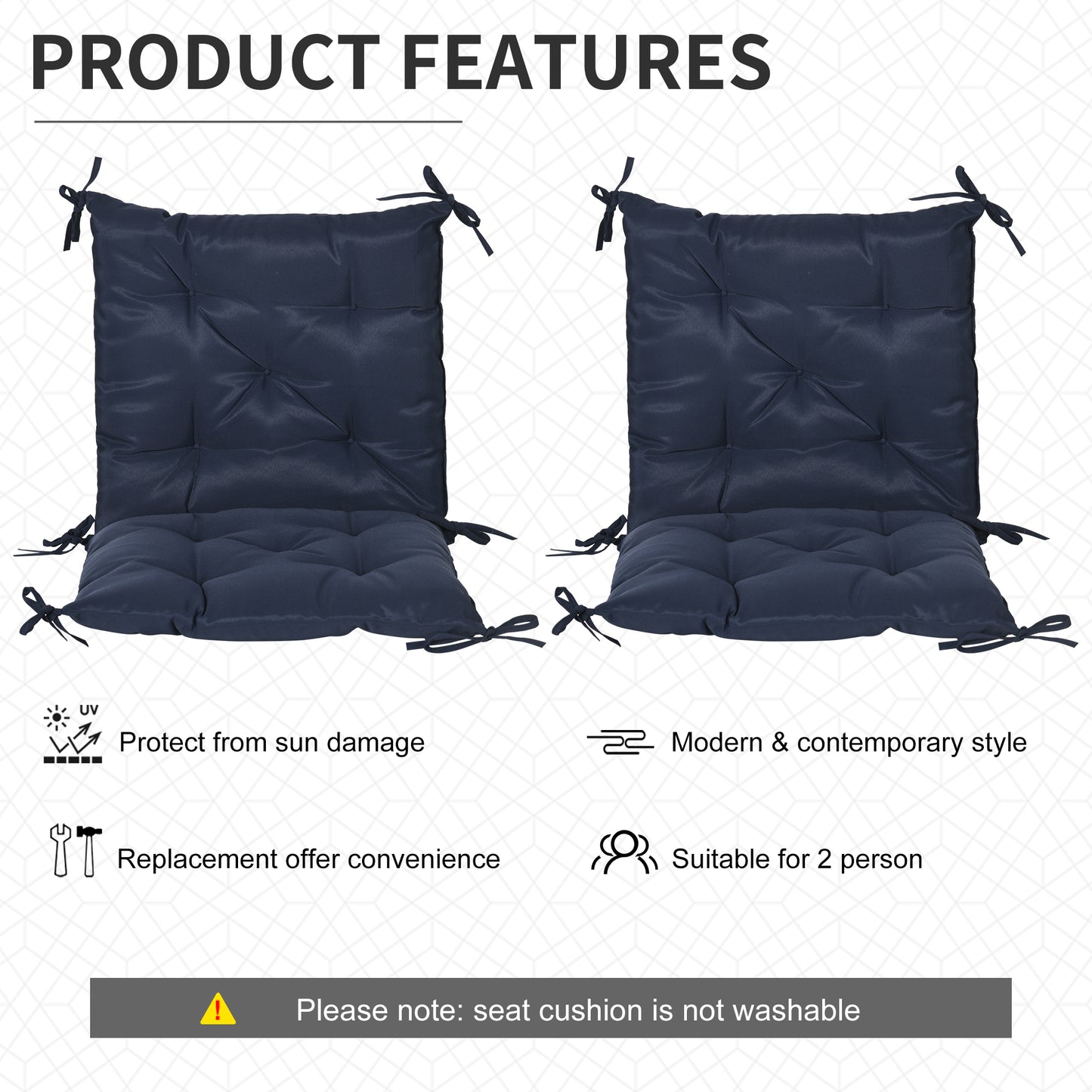 Patio Chair Cushions Set of 2, 39" x 20" x 3" Outdoor Tufted Cushion Set with Ties for Indoor Outdoor Garden Furniture, 