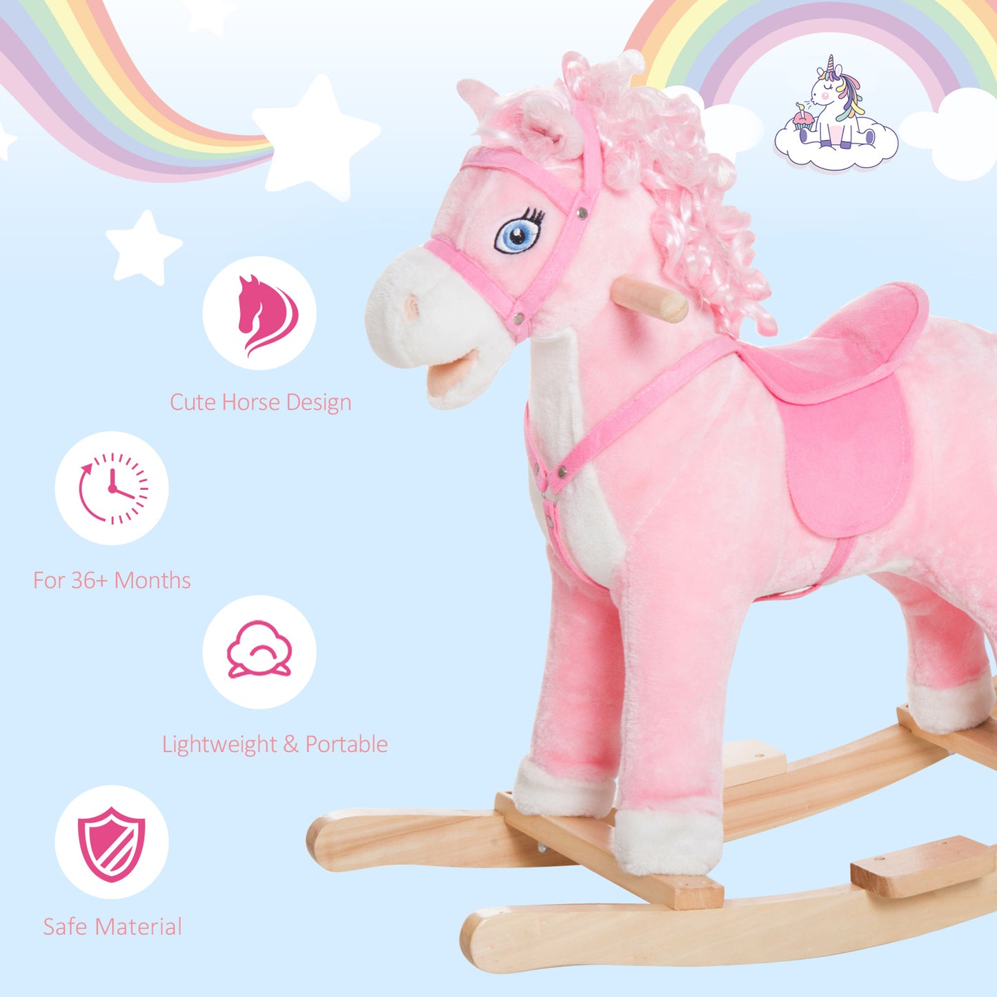 Qaba Kids Plush Rocking Horse Child Ride On Toy Rocker with Realistic Sounds Pink