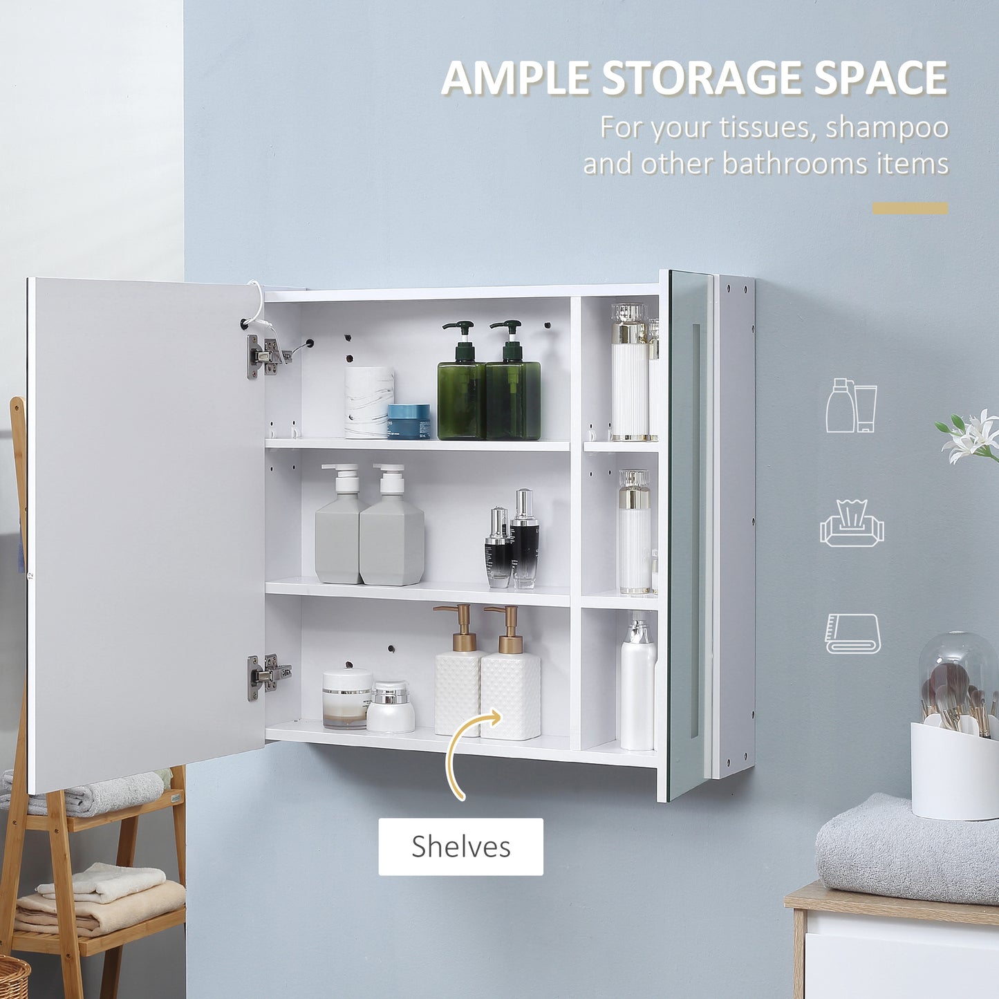 LED Medicine Cabinet with Mirror and Lights, 27.5" x 25.5" Lighted Bathroom Wall Cabinet, Bathroom Mirror Cabinet with A