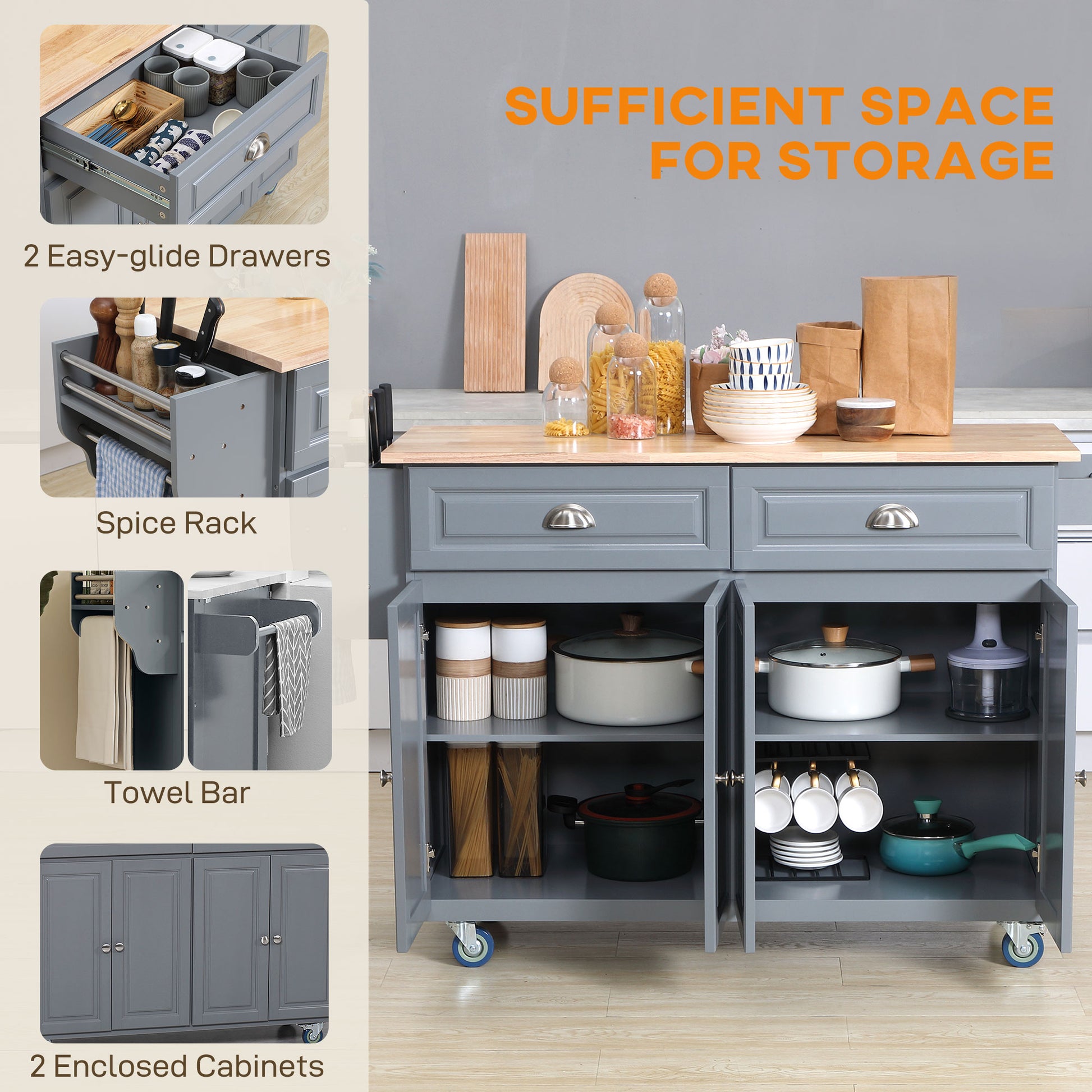 Kitchen Island with Storage, Rolling Kitchen Island with Drop Leaf, Rubber Wood Top and Adjustable Shelves, Grey