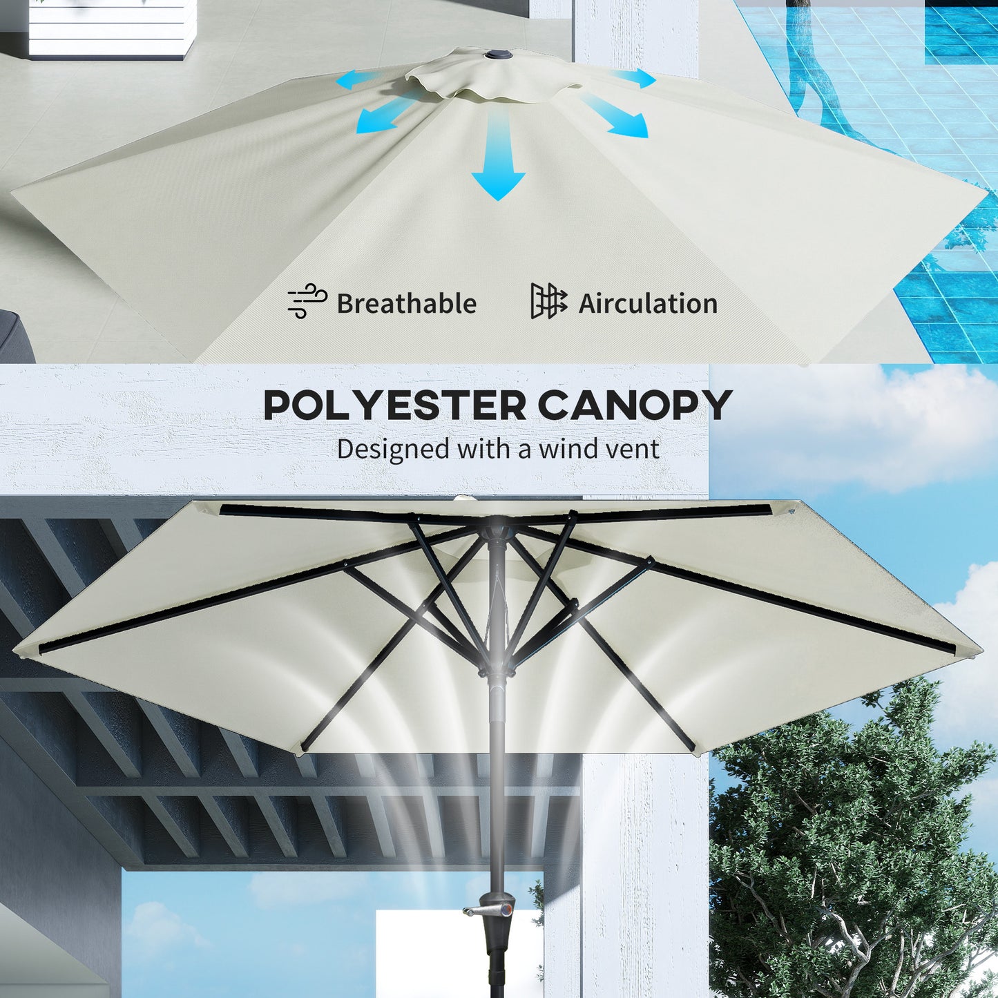 Patio Sun Umbrella, Outdoor Parasol with 6 Ribs, Cream White