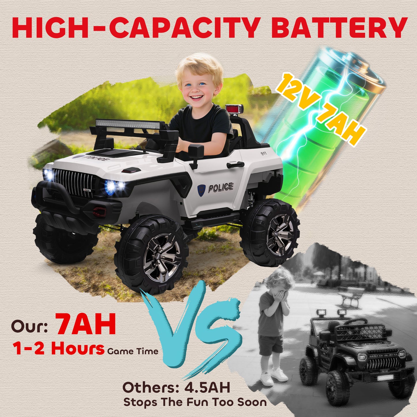 VarietyKart Kids 2 Seater Ride-On Car Police Truck Electric with LED Lights & MP3 for Kids White