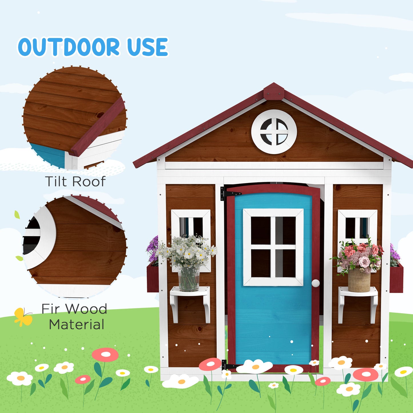 Wooden Playhouse for Kids Outdoor with Door, Windows, Planter Pots and Boxes for Toddlers 3-8 Years, Dark Brown